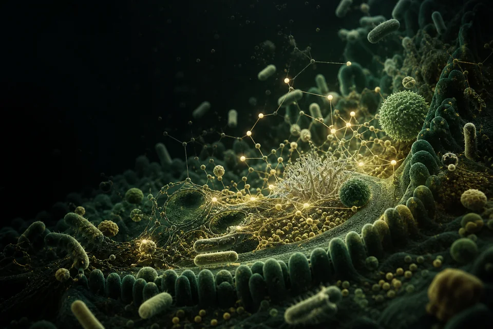 Layered intestinal microbiome forms rendered as a living cellular ecosystem
