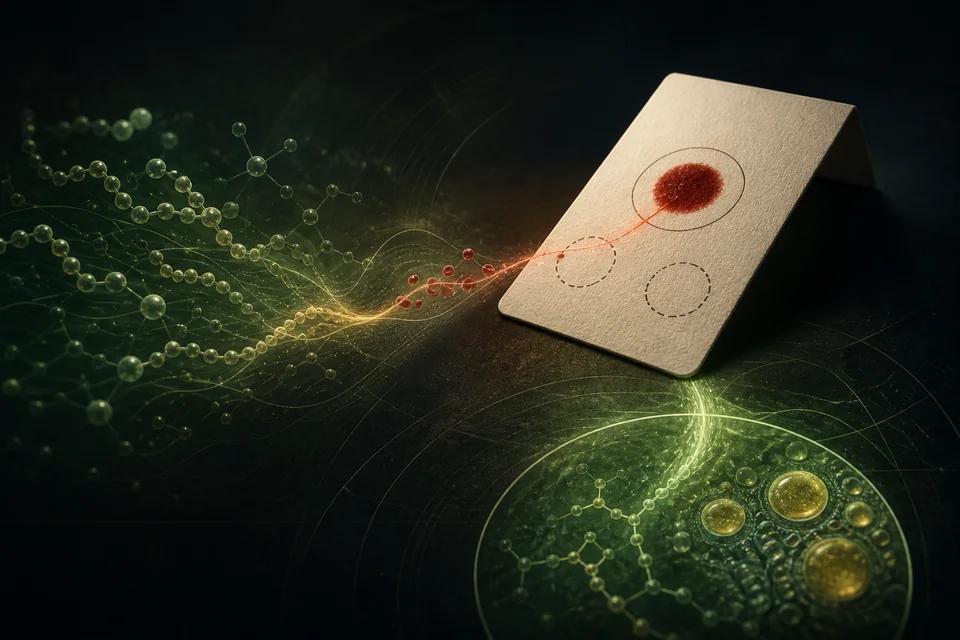 At-home blood sample card moving through a precise omega measurement interface