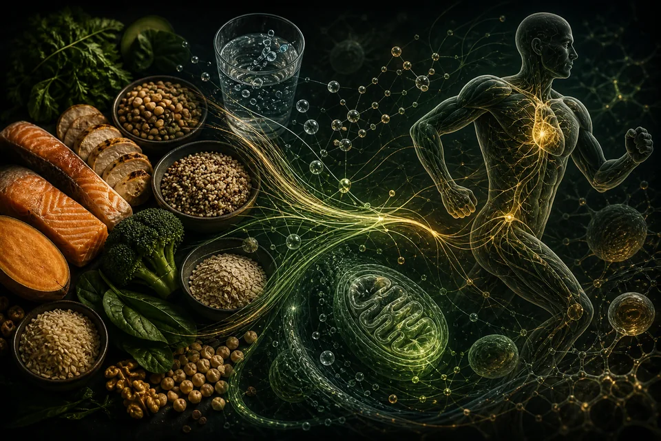 Athletic energy pathways connecting whole-food fuel, hydration and muscle signals