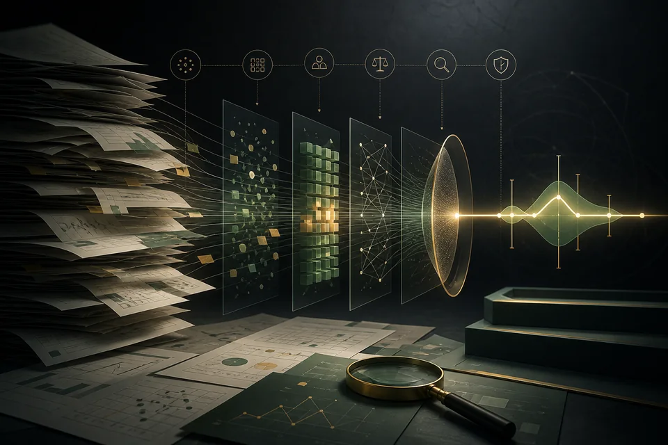 Layered research paper, study groups and evidence signals under a focused reading beam
